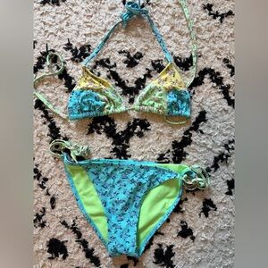 Triangle Halter Bikini Set in Blue & Lime - Women Swim Bikini